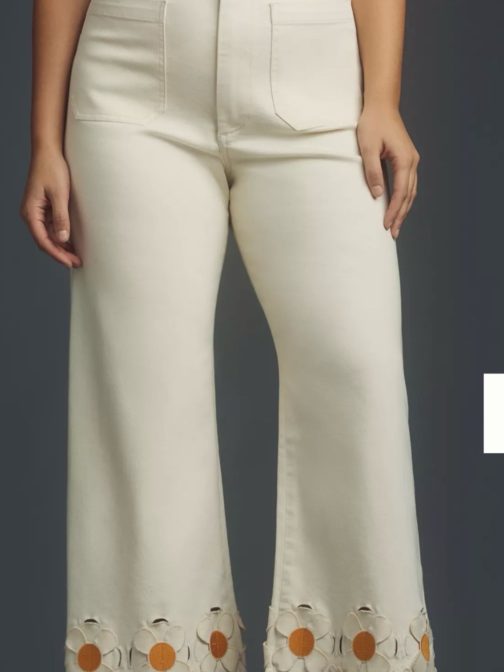 Blue Velvet Wide-Leg Floral Hem Cream Jeans